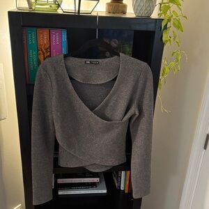 Zara Grey Wrap-Front Knit Long Sleeve Top